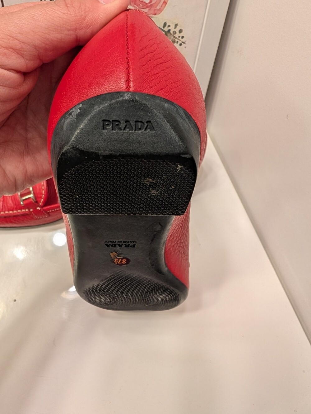 ❤️ Vintage Prada Pebble Leather Slip On Loafers with Metal Logo Bar, 🍒 Red 38.5 - Picture 13 of 16